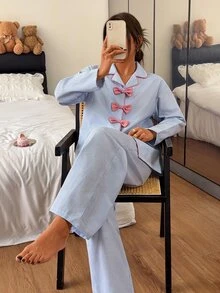 DAZY Women's Bow Decor Striped Long Sleeve Top And Pants Pajama Set Fall - Blue - View 7