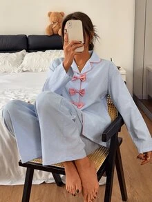 DAZY Women's Bow Decor Striped Long Sleeve Top And Pants Pajama Set Fall - Blue - View 8