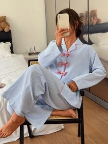 DAZY Women's Bow Decor Striped Long Sleeve Top And Pants Pajama Set Fall - Blue - View 6