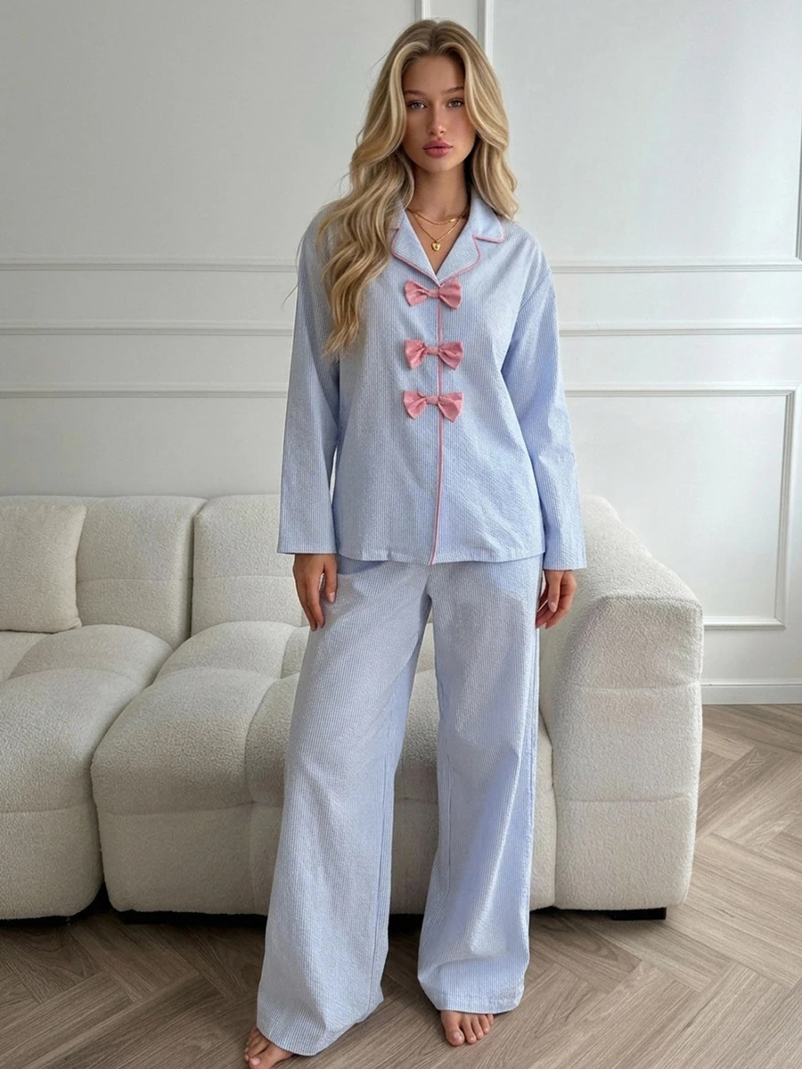 DAZY Women's Bow Decor Striped Long Sleeve Top And Pants Pajama Set Fall - Blue - View 1