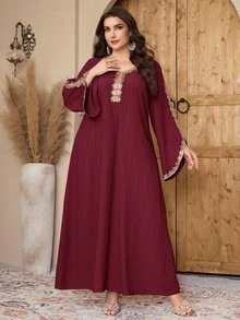 Al Najma Plus Size Women's Textured 3D Floral Embroidery Elegant Arabic Traditional Long Dress, Suitable For Evening Gala - Burgundy - View 5