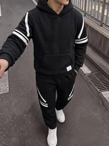 SHEIN 兒童青少年男孩休閒運動黑色連帽衛衣與慢跑褲套裝，適合秋冬、學校、家庭聚會、度假、派對，秋季穿搭，冬季穿搭，男孩套裝 - 黑色 - 查看 3
