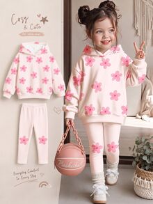 Baby Girl Casual Minimalist Loose Hooded Sweatshirt And Elastic Waist Long Pants Set, Suitable For Autumn/Winter - Multicolor - View 2