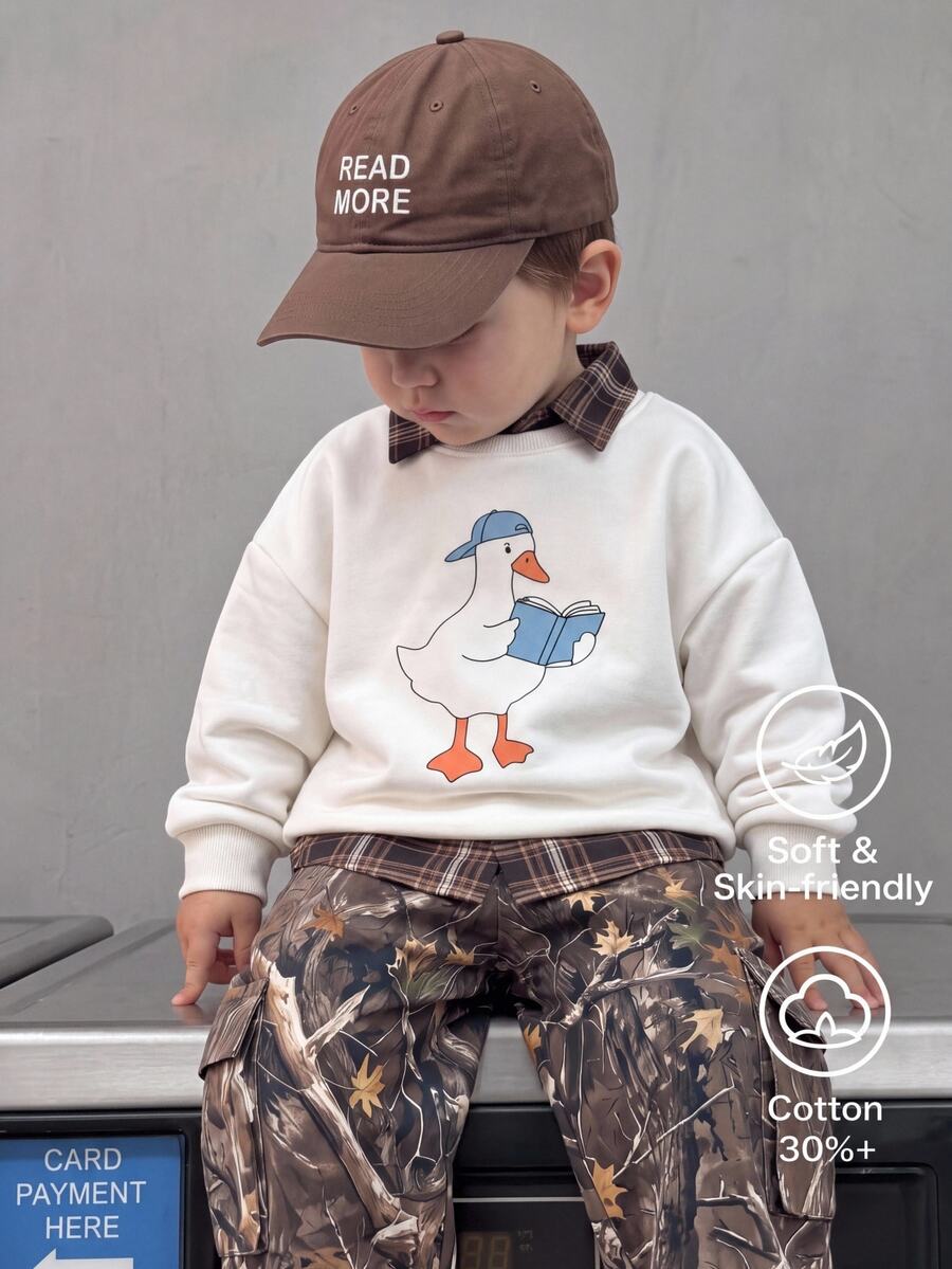 Kids Young Boys 1pc White Thick Goose Graphic Sweatshirt, College Style ...