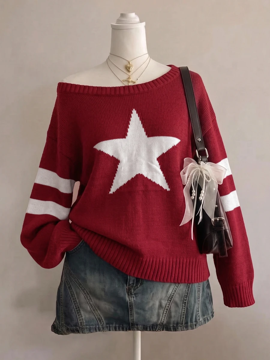 SHEIN Tween女孩秋冬童裝紅色針織套頭毛衣,圓領星星條紋落肩舒適上衣,羅紋、可愛、保暖、柔軟,海軍藍,休閒 - 紅白色 - 查看 1