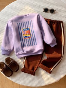 SHEIN 2pcs Kids Young Boy Autumn/Winter Casual Sweatshirt And Pants Set, Boys Outfit, Purple Set - Multicolor - View 6