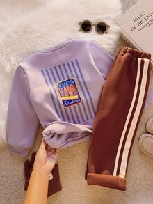 SHEIN 2pcs Kids Young Boy Autumn/Winter Casual Sweatshirt And Pants Set, Boys Outfit, Purple Set - Multicolor - View 8