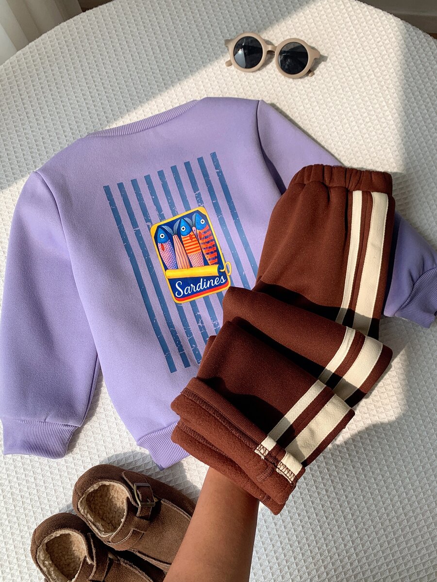 SHEIN 2pcs Kids Young Boy Autumn/Winter Casual Sweatshirt And Pants Set, Boys Outfit, Purple Set - Multicolor - View 1