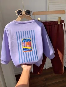 SHEIN 2pcs Kids Young Boy Autumn/Winter Casual Sweatshirt And Pants Set, Boys Outfit, Purple Set - Multicolor - View 5