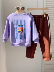 SHEIN 2pcs Kids Young Boy Autumn/Winter Casual Sweatshirt And Pants Set, Boys Outfit, Purple Set - Multicolor - View 3