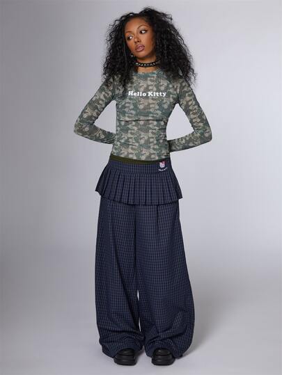 HELLO KITTY AND FRIENDS | COUREZ Pantaloni larghi a quadri con gonna sovrapposta e ricamo / Pantaloni Y2K da donna Pantaloni autunnali da donna Casual Outfit per uscire Streetwear