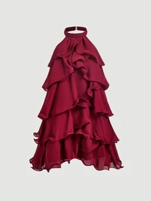 Skyraze Dark Red Multi-Layer Ruffle Collar Mini Dress,Summer Elegant Women Christmas Outfits,Chiffon Party Dinner Cocktail Wedding Guest Date Dress,Boho Beach - Burgundy - View 2