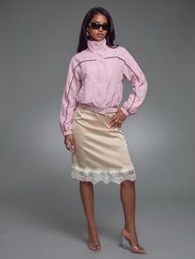 Nooralise Women's Apricot Casual Trench Coat Top Satin Lace Patchwork Set - Pink - View 3