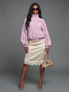 Nooralise Women's Apricot Casual Trench Coat Top Satin Lace Patchwork Set - Pink - View 2