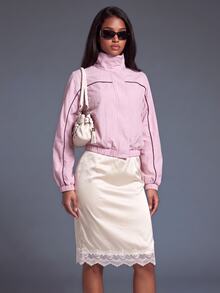 Nooralise Women's Apricot Casual Trench Coat Top Satin Lace Patchwork Set - Pink - View 6