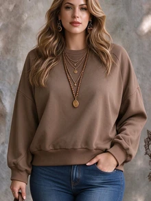 Franclia Plus Size Casual Kawaii Baggy Drop Shoulder Crew Neck Short Sweatshirt, Brown Loose Slimming Top, Cotton-Feel Knit Fabric, Homewear Formal Fall - Brown - View 1