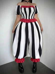 INAWLY Solva Women's Casual Extravagant Ruffle Hem Top And Black Loose Pants Halloween Set Concert Party - Black and White - View 3