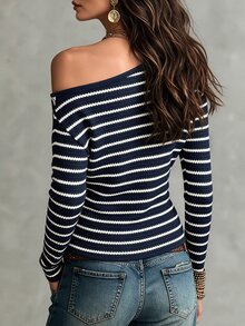 Glimmora Women's Asymmetrical Shoulder Striped Knit Top, Vintage Contrast Color Striped Long Sleeve Slim Fit Flattering Asymmetric Shoulder Base Layer - Navy Blue - View 2