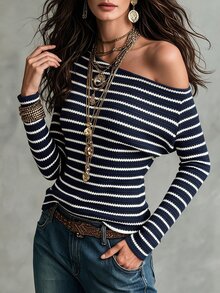Glimmora Women's Asymmetrical Shoulder Striped Knit Top, Vintage Contrast Color Striped Long Sleeve Slim Fit Flattering Asymmetric Shoulder Base Layer - Navy Blue - View 4