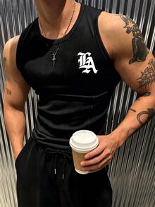 Rovax 男士字母印花圓領休閒百搭背心 - 黑色 - 查看 1