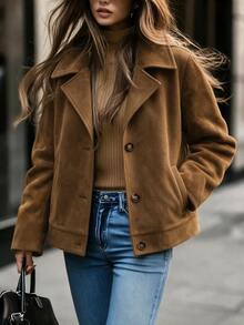SHEIN Fall Brown Matte Suede Texture Notch Lapel Single-Breasted Loose Long Sleeve Casual Elegant Jacket Minimalist Commuter Style Daily Office Work - Khaki - View 4