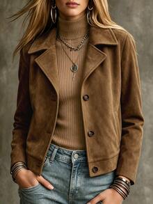 SHEIN Fall Brown Matte Suede Texture Notch Lapel Single-Breasted Loose Long Sleeve Casual Elegant Jacket Minimalist Commuter Style Daily Office Work - Khaki - View 3