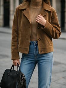 SHEIN Fall Brown Matte Suede Texture Notch Lapel Single-Breasted Loose Long Sleeve Casual Elegant Jacket Minimalist Commuter Style Daily Office Work - Khaki - View 5