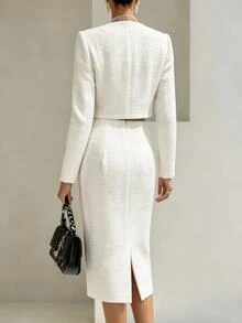 SHEIN Women's Double-Breasted Open Front Jacket And Skirt Elegant Two Pieces Set - White - View 2