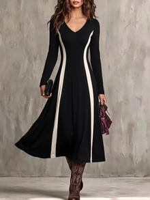 SHEIN Ladies Black White Color Block Knit Midi Dress, VNeck Long Sleeve Vertical Contrast Panel, FitandFlare Swing Dress For Commute Occasions - Black - View 5