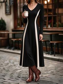 SHEIN Ladies Black White Color Block Knit Midi Dress, VNeck Long Sleeve Vertical Contrast Panel, FitandFlare Swing Dress For Commute Occasions - Black - View 2