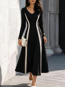 SHEIN Ladies Black White Color Block Knit Midi Dress, VNeck Long Sleeve Vertical Contrast Panel, FitandFlare Swing Dress For Commute Occasions - Black - View 4