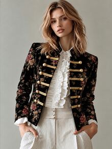 SHEIN Women's Spring/Autumn Vintage Floral Velvet Blazer, Gold Button Court Style Short Jacket, Elegant For Daily Commute, Dating And Party - Multicolor - View 5