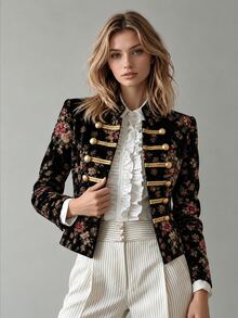 SHEIN Women's Spring/Autumn Vintage Floral Velvet Blazer, Gold Button Court Style Short Jacket, Elegant For Daily Commute, Dating And Party - Multicolor - View 8