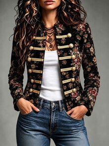 SHEIN Women's Spring/Autumn Vintage Floral Velvet Blazer, Gold Button Court Style Short Jacket, Elegant For Daily Commute, Dating And Party - Multicolor - View 2