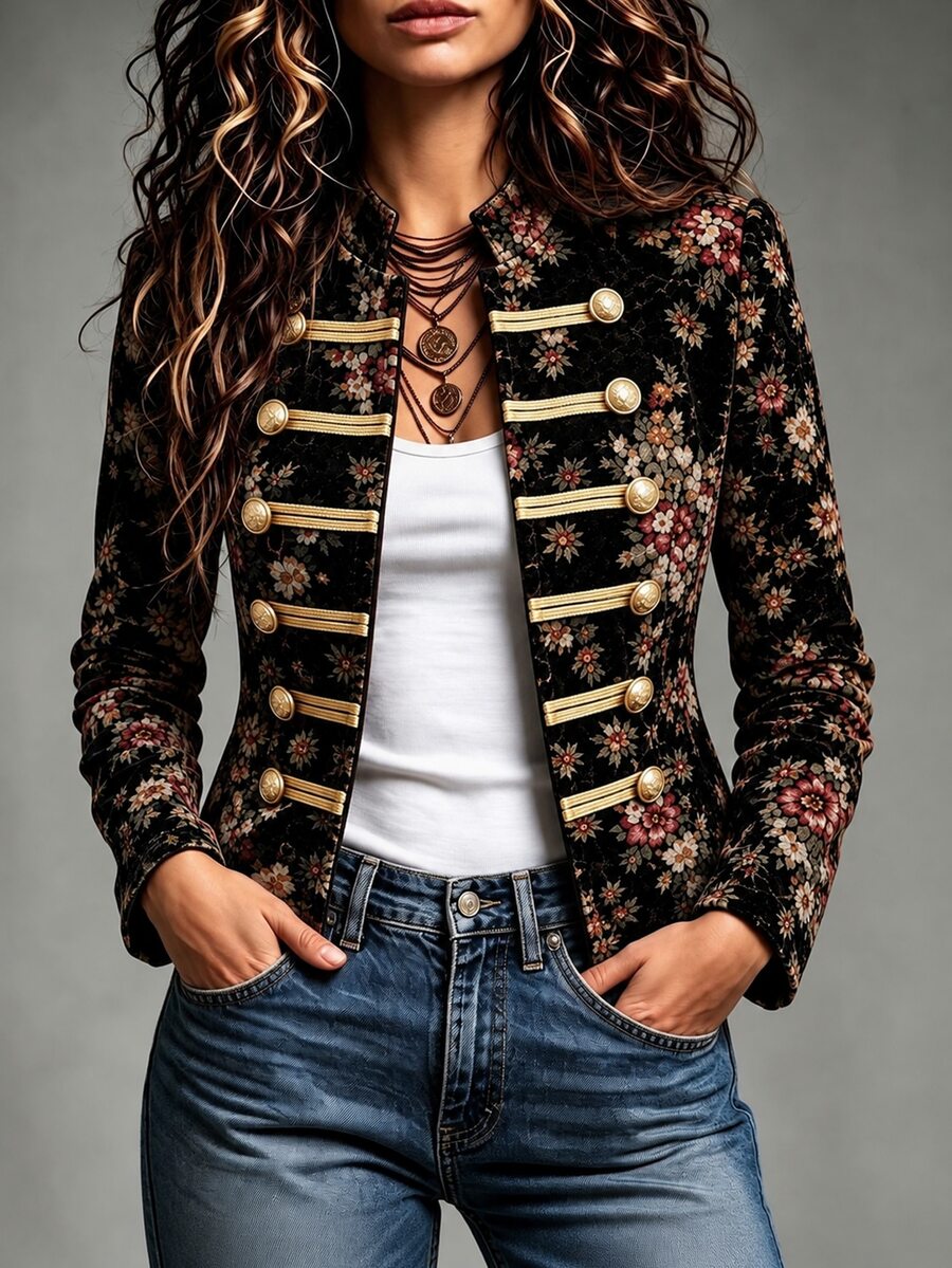 SHEIN Women's Spring/Autumn Vintage Floral Velvet Blazer, Gold Button Court Style Short Jacket, Elegant For Daily Commute, Dating And Party