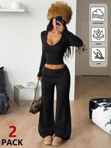 Coolane 女款冬季優雅時尚黑色條紋字母印花寬鬆V領保暖對比飾邊拉鍊長袖兩件式短版上衣與寬腿褲套裝 - 黑色 - 查看 4