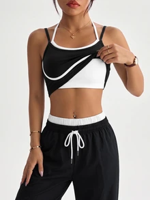 SHEIN Unity 2PCS Women's Fall Sports Set, Colorblock 2 In 1 Neckline Spaghetti Strap Halter Neck Sleeveless Top, Straight Leg Pants, Sporty Athleisure - Multicolor - View 8