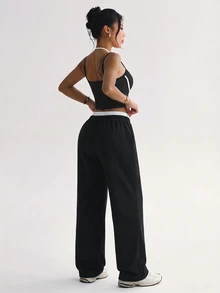 SHEIN Unity 2PCS Women's Fall Sports Set, Colorblock 2 In 1 Neckline Spaghetti Strap Halter Neck Sleeveless Top, Straight Leg Pants, Sporty Athleisure - Multicolor - View 2