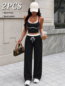 SHEIN Unity 2PCS Women's Fall Sports Set, Colorblock 2 In 1 Neckline Spaghetti Strap Halter Neck Sleeveless Top, Straight Leg Pants, Sporty Athleisure - Multicolor - View 4