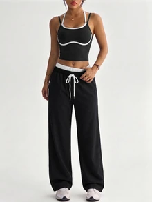 SHEIN Unity 2PCS Women's Fall Sports Set, Colorblock 2 In 1 Neckline Spaghetti Strap Halter Neck Sleeveless Top, Straight Leg Pants, Sporty Athleisure - Multicolor - View 6