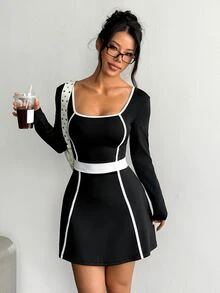 SHEIN Dewbera 1pc Black White Contrast Long Sleeve Tennis Dress, Square Neck, Slim Fit, Suitable For Workout, Fitness, Autumn - Black - View 6
