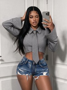 SHEIN BamGlam 女款短版格紋綁帶長袖上衣 喇叭袖修身休閒襯衫 夜店外出穿搭 秋季棉質黑白格紋 - 黑與白 - 查看 2