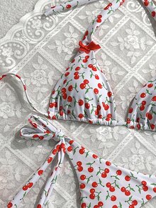 SHEIN Swim 2pcs/Set Women's Beach Holiday Printed Bikini Swimwear And Beachwear For Summer Beach Vacation - Red - View 6