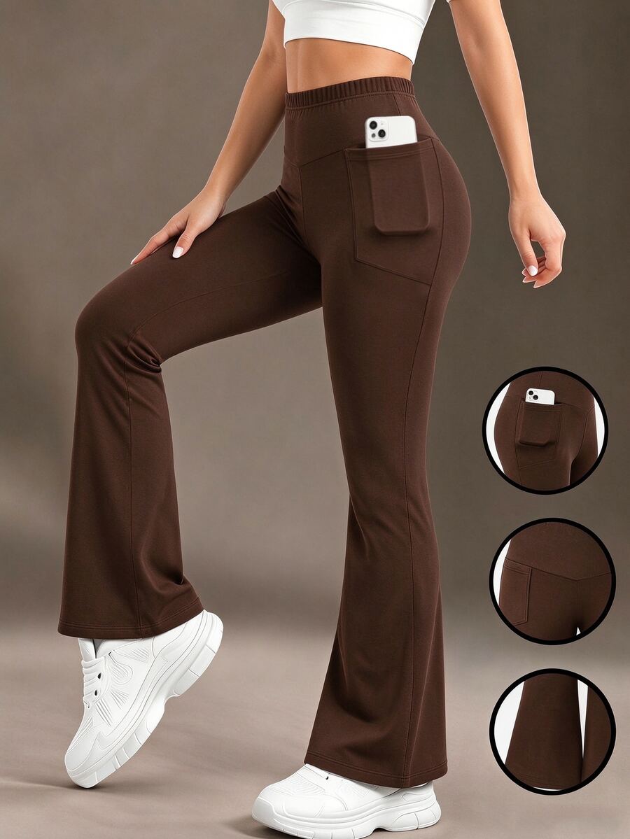 SHEIN 女童時尚極簡深棕色修身寬鬆喇叭腿緊身褲,秋季服飾,春夏秋三季百搭休閒長褲,適合學校運動 - 棕色 - 查看 1