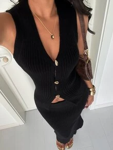 TRNVIE Women's Autumn/Winter Lazy Fashion Casual Minimalist Daily Photo Metal Buckle V-Neck Sweater 2-Piece Set - Black - View 4