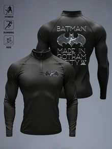 BATMAN X SHEIN 男士彈性小立領運動T恤，正反面抽象圖案，緊身剪裁 Crossfit 健身上衣 - 黑色 - 查看 1