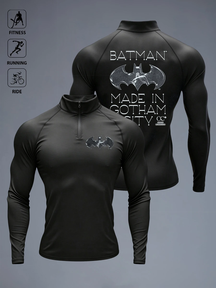 BATMAN X SHEIN 男士彈性小立領運動T恤,正反面抽象圖案,緊身剪裁 Crossfit 健身上衣 - 黑色 - 查看 1