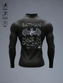 BATMAN X SHEIN 男士彈性小立領運動T恤，正反面抽象圖案，緊身剪裁 Crossfit 健身上衣 - 黑色 - 查看 2