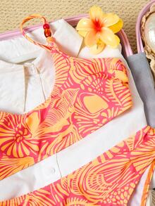 SHEIN Swim Women's Casual Tropical Printed Vacation Beach Bikini 2 Pieces Set Pink Orange Summer - Burnt Orange - View 6