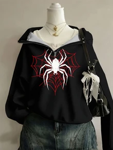 SHEIN 青少年女孩蜘蛛網圖案半拉鍊套頭衫 寬鬆街頭風 Katseye 秋冬休閒連帽衛衣 萬聖節派對海灘度假 黑色 - 黑色 - 查看 1
